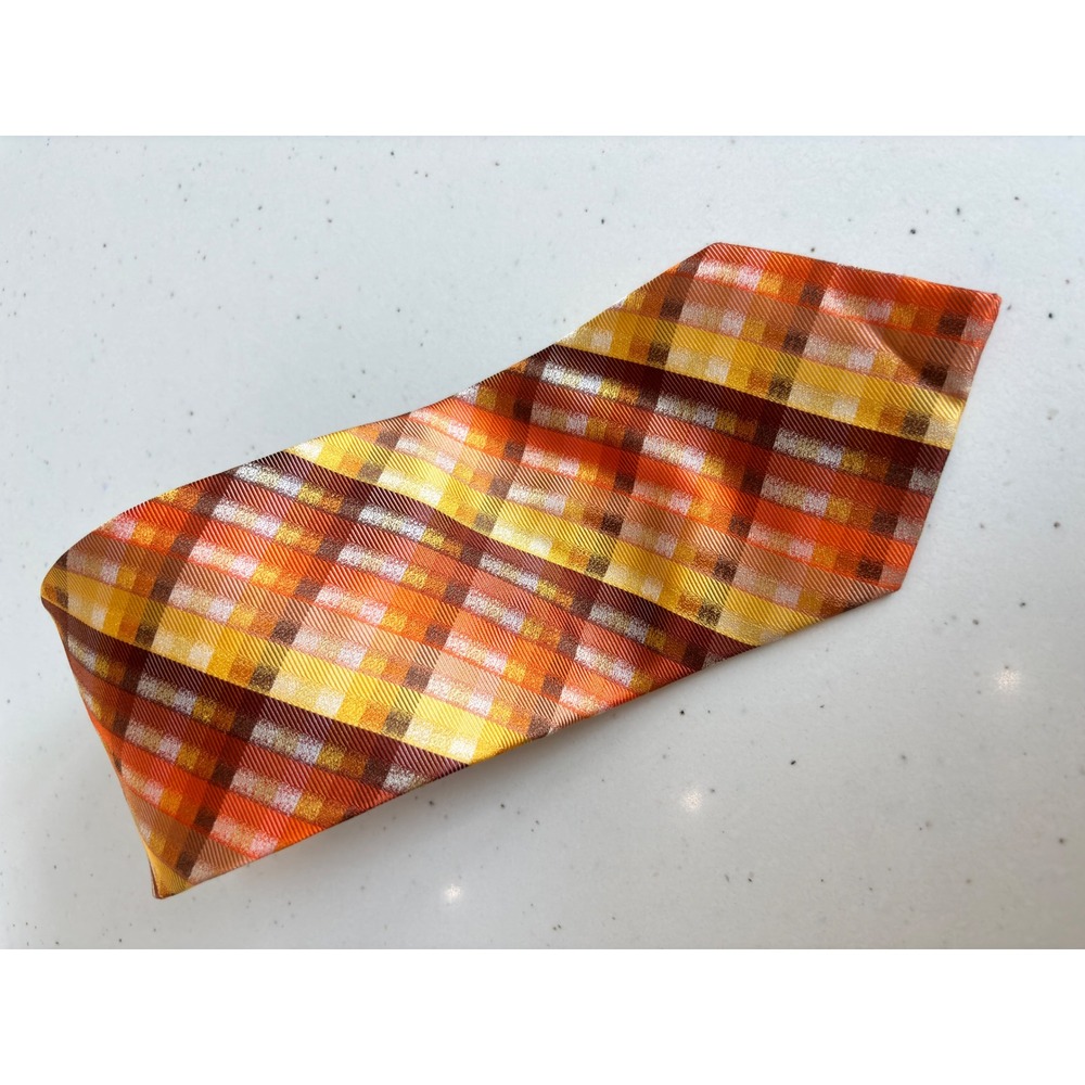 Angelino Mens Silk Necktie Orange  Brown Plaid Handmade Formal Business Tie